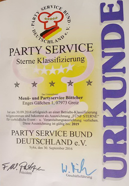 Zertifikat 5-Sterne Party Service